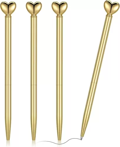 4 Pieces Heart Shaped Pens, Retractable Metal Decorative Pens, 1.0 mm Black Ink Ballpoint Pens Bulk, Cute Pens Gifts for Women School Office Wedding Bridal Shower Baby Shower (Gold)