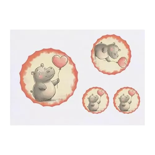 4 x 'Cute Hippo with Heart Shaped Balloon' Temporary Tattoos - Water Resistant, Skin-Safe, Non-Toxic Transfers, Mixed Sizes (TO00082378)