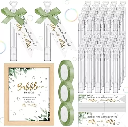 405 Pcs Wedding Bubbles Wands Set Include Heart Bubble Wands Bubbles Send Off Cards Gift Tags Wood Photo Frame Ribbons for Wedding Send Off Party Favors(Sage Green)