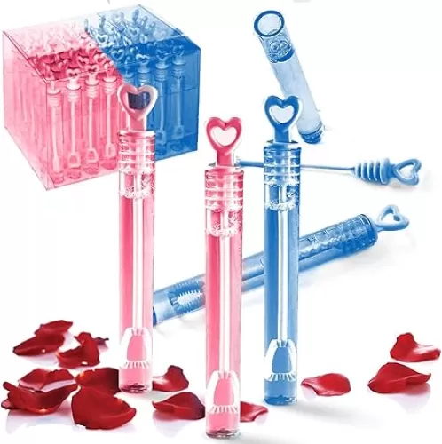 48 Pack Mini Heart Bubble Wands – Wedding Party Favors, Anniversary Celebration Supplies, 4” Bubble Tubes with Heart Wand for Bridal Showers, Birthdays & Special Events (Blue/Pink)