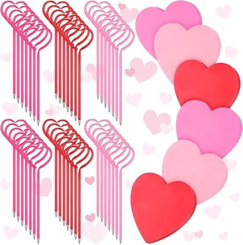 48 Pcs Heart Shaped Pens Valentines Ballpoint Pens with 600 Sheets Heart Shaped Sticky Notepads Cute Note Pads Office Supplies for Valentine's Day Party Favor