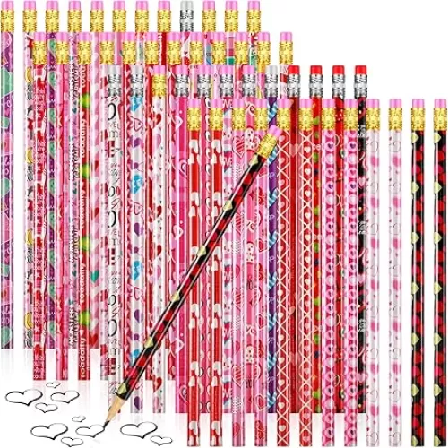 48 Pieces Valentine Pencils for Kids, Valentine's Day Pencils with Eraser Cartoon Heart Valentines Pencil Wooden Writing Pencil for Home School Valentines Party