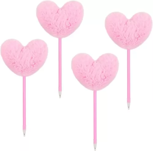 4Pcs Heart Fluffy Pen, Pom Pom Plastic Ballpoint Pen, with Black Ink, Gift for Christmas Stationery Carnival Birthday (Pink)