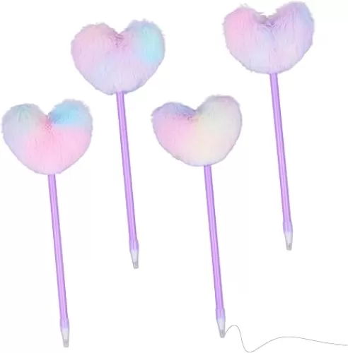 4pcs Pom Pom Fuzzy Ballpoint Pens, Tie-Dye Heart Shaped Fluffy Pens for Girls, Soft Pompom Plush Pen Puffy Ballpoint Pens for Kids Students Office Classroom Supplies Girls Party Favors