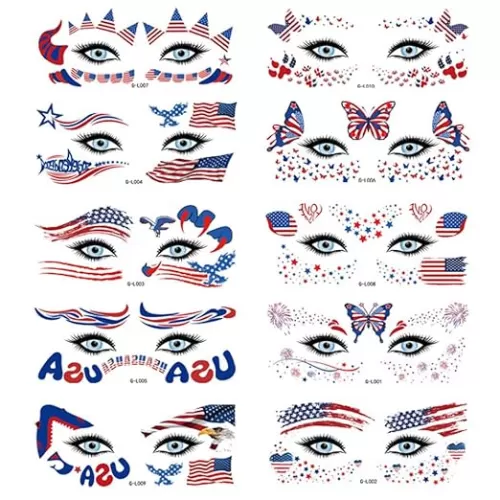 4th of July Temporary Tattoos 10 Sheets Independence Day Face Tattoos American Flag Butterfly Heart Shapes Tattoo Stickers Patriotic Fake Tattoos for Adults Kids Party Supplies