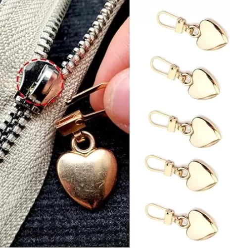 5 Pcs Gold Heart Shaped Zipper Pull Replacement Metal Zipper Backpack Zippers Mend Fixer Repair for Coats Jackets Pants Luggage Fasteners