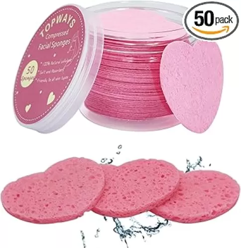 50-Count Compressed Facial Sponges Heart Shape，Reusable Natural Face Sponges Professional Cosmetic Spa Sponges for Face Cleansing, Massage, Pore Exfoliating, Mask, Makeup Removal (Heart, Pink)