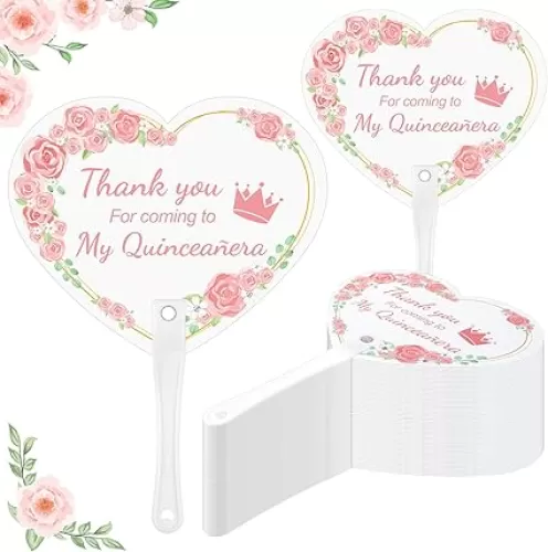 50 Pcs Brithday Fans Quinceanera Party Gift Hand Plastic Fan Quinceanera Party Favors for Guests Pink Heart Shaped Handheld Fans Thank You for Coming to My Quinceañera Recuerdos De 15 Quinceañera