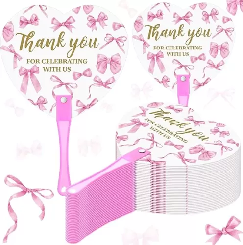 50 Pcs Pink Bow Hand Fans Bulk Coquette Pink Bow Party Favors for Guests Heart Shape Plastic Hand Fans Thank You for Celebrating with Us for Bachelorette Bridal Engagement Baby Shower Party