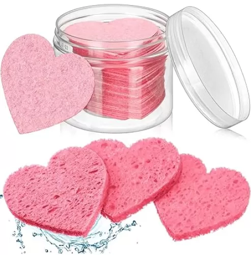 50 pcs Pink Heart-Shaped Compressed Facial Sponges with Container, Spa Sponges for Face Wash, Exfoliator