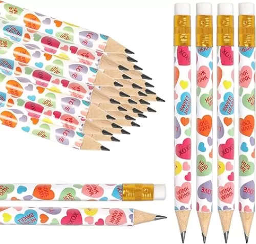 50Pcs Valentine's Day Short Pencil with Erasers 4 Inch Conversation Heart Writing Pencils 2 Styles Colorful Wood Half Pencils for Holiday School Office Stationery Supplies