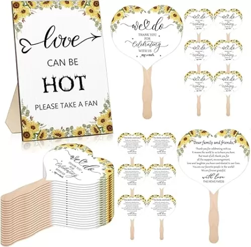 51 PCS Sunflower Wedding Favors for Guest Love Is Hot Sign Wooden Wedding Table Sign Wedding Fans Handheld Paper Fans with Wood Handle Heart Shape Fans Bridal Shower Favor