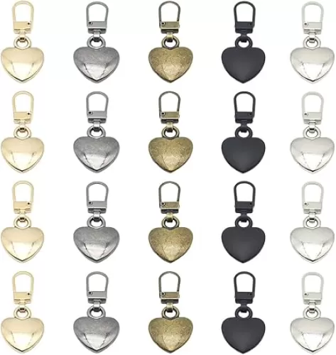 5Pcs 45mm Heart Zipper Pull Charm Alloy Zipper Pulls Sliders Hearts Shaped Slider Metal Silver Bronze Replacement Zipper Head Charms for Sewing Making Jackets Luggages Dresses DIY Supplies