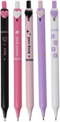 5Pcs Aesthetic Stationary Pens, Heart Sweet Cool Press Neutral Pen, High Appearance Level Heart Powder Black Button Brush Signature Black Pen