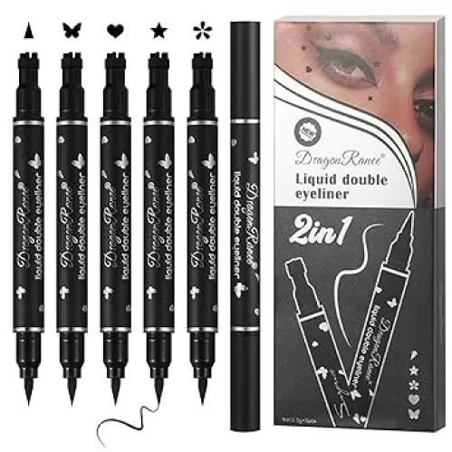 5PCS Black Liquid Eyeliner Stamps Set, Double-side Winged Eyeliner Stencil Pen, Waterproof Long Lasting Eye Liners Stamp Eyeliner Pencil Tattoo Makeup Tools with Heart, Flower, Star, Butterfly, Cone Shapes