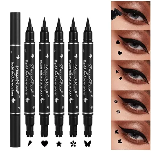 5Pcs Double-headed Liquid Eyeliner Stamp Pencil Set, Winged Eye-liner Pen, Long-lasting Black Tattoo Eye-liner delineador de ojos (Heart/Flower/Star/Butterfly/Cone) Shape Eye Liner Pencil for Women