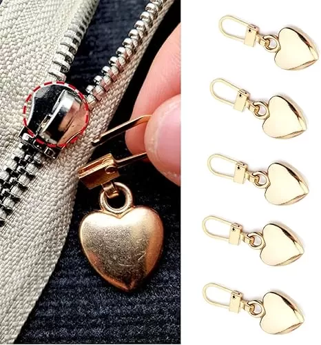 5Pcs Gold Heart Shaped Zipper Pull Replacement Metal Zipper Backpack Zippers Mend Fixer Repair for Coats Jackets Pants Luggage Sewing Notions and Supplies