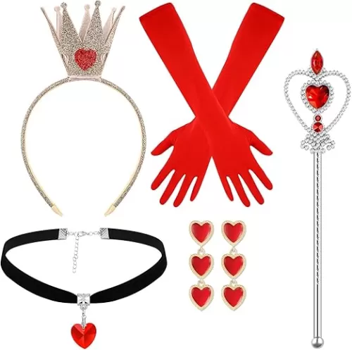 5Pcs Halloween Queen Costume Accessories Set Including Red Gloves Crown Headband Heart Shape Scepter Wand for Women Halloween Party Dress Up