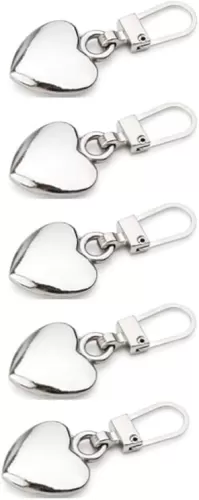 5Pcs Silver Heart Shape Zipper Pull 5 Pieces Detachable Cute Creative Zippers Replacement Repair Kits for Coats Jackets Pants Luggage Sewing Notions and Supplies