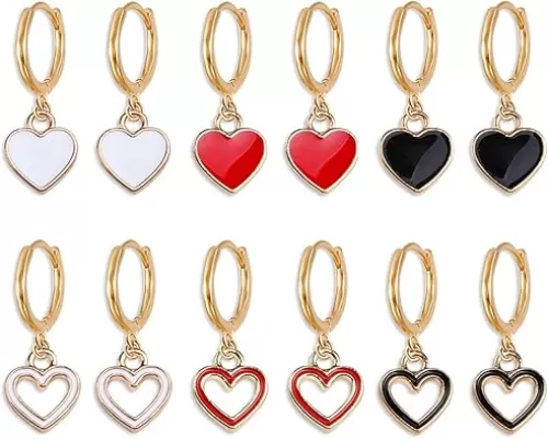 6 Pairs Black White Red Heart-shaped Huggie Hoop Earrings 14k Gold Enamel Dangle Drop Earrings