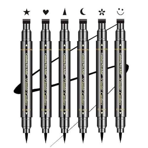 6 Pcs Double-headed Eyeliner Stamps Set Black Liquid Eye Liner Pen With Star, Moon, Heart, Flower, Smiley, Triangle Stamp Stencils Shapes for Women Makeup Kit Long-Lasting Waterproof Smudgeproof