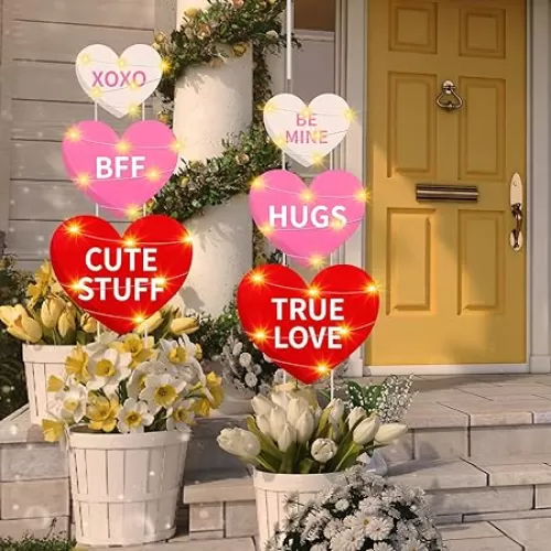 6 Pcs Valentine Yard Sign with Light Heart Garden Stakes Outdoor Lawn Decor Heart Stake for Valentine's Day Party Anniversary Outdoor Pathway Walkway Yard Decorations (Bright)