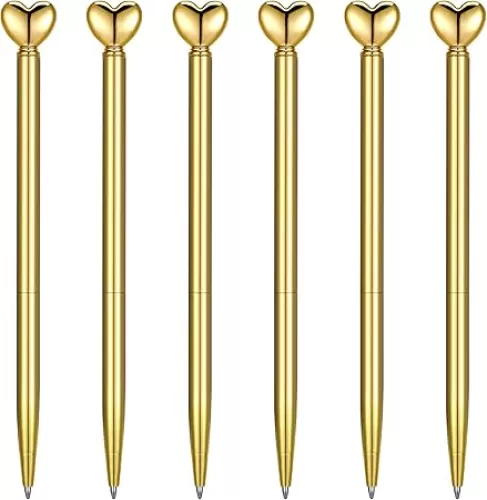 6 Pieces Gold Heart Ballpoint Pens, Retractable Metal Decorative Pens 1.0 mm Black Ink Ballpoint Pen Bulks, Cute Pen Gifts for Women Valentine's Party Favor Wedding Bridal Baby Shower Party