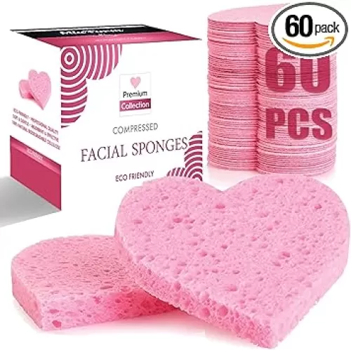 60-Count Compressed Facial Sponges, 100% Natural Cosmetic Spa Sponges for Facial Cleansing, Exfoliating Mask (Pink Heart)