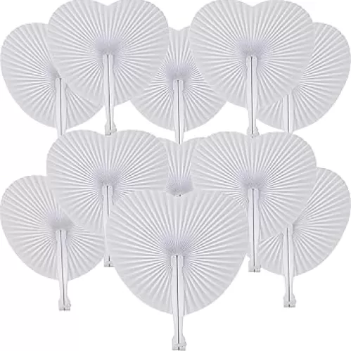 60 Packs Decorative Paper Folding Hand Fans Handheld, White Heart Wedding Foldable Fans Chinese and Japanese Fan Bulk for Bridal Guest Church Party Favors Dancing Birthday DIY