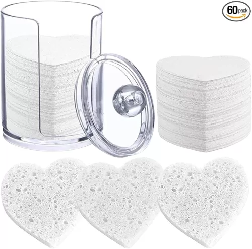 60 Pcs Heart-Shaped Compressed Facial Sponges, Biodegradable Wood Pulp Sponges for Makeup Removal, Cleansing & Exfoliating, Gentle, Includes Storage Jar, Travel-Friendly (White)