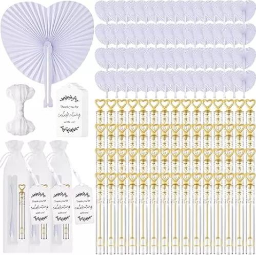 60 Set White Heart Shaped Folding Paper Fans Handheld Paper Favor Fan Bulk with 60 Pcs Gold Color Bubble Wands Bulk Thank You Cards Organza Bags for Wedding Guests Party DIY Favors Decoration