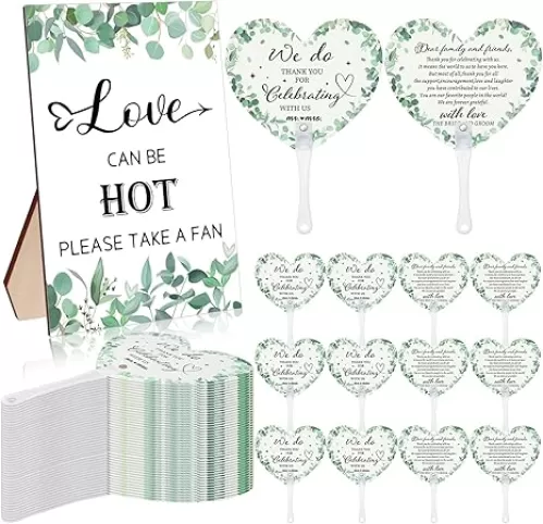 60Pcs Wedding Fan Gifts for Guests Greenery Handheld Fan with 1 Wedding Table Sign, Greenery Wedding Favors Thank You Fans for Guests Hostess Gifts Plastic Handheld Heart Shape Fan Green Leaf Pattern