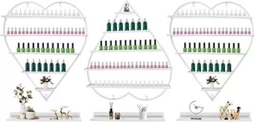 6Pcs Nail Polish Wall Rack, 5 Tiers Heart-Shaped Metal Nail Polish Shelves Organizer, Wall-Mounted Display Rack for Perfume Lipstick Essential Oil Cosmetic for Home Spa Nail Salon Shop