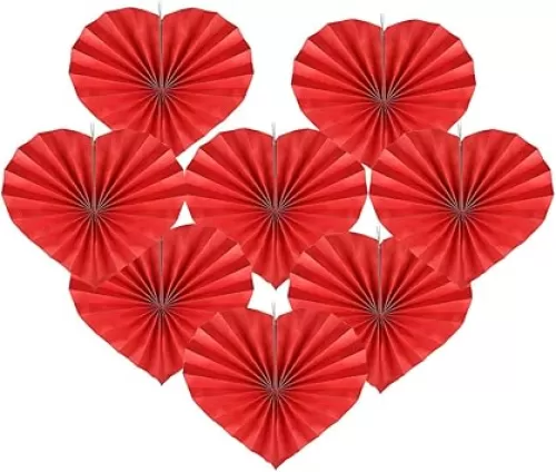 8 Heart-Shaped Red Paper Fans - Foldable Paper Fan Party Decorations - Suitable for Valentine's Day, Engagement and Wedding Party Decorations