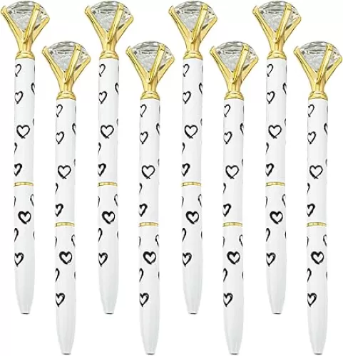 8Pcs Big Crystal Diamond Pens, Heart Print Metal Ballpoint Pen, 1.0 mm, Black Ink Office Supplies Gift Pens for Christmas Bridesmaid Wedding Birthday, White