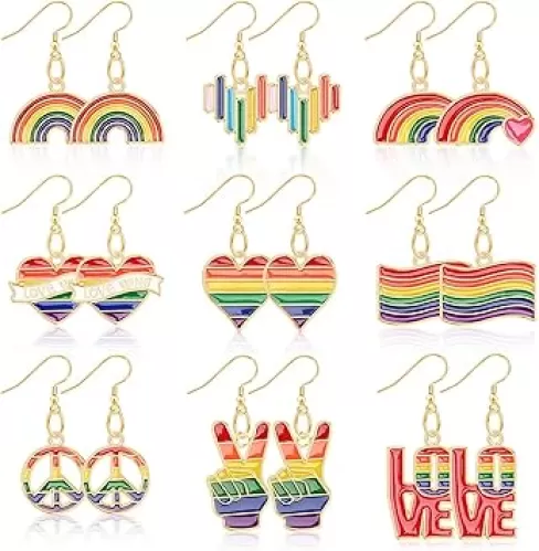 9 Pairs LGBT Rainbow Enamel Earrings for Women Pride Heart Flag Earrings Double Side Design Progress Pride Heart Lightweight Dangle Teardrop