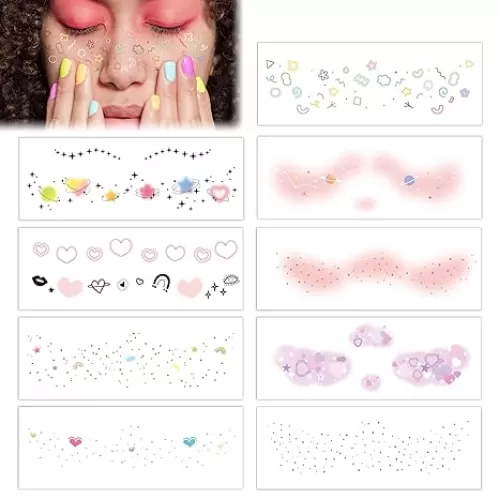9 Sheets Face Temporary Tattoos for Girl Women Cute Freckle Heart Stars Makeup Fake Tattoo Stickers Waterproof Body Beautiful Tattoos for Kids Girls Party Favors Supplies Rave Decoration