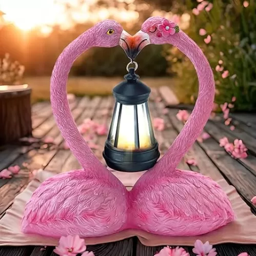 9.8" Garden Flamingo Statue with Solar Lantern, Heart Shaped Flamingo Decor, Unique Double Head Flamingo Gifts for Women, Mom, Lover