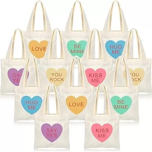 Abbylike 12 Pcs Valentine's Day Tote Bag Heart Print Canvas Tote Reusable Mini Bags for Women Girls Valentines Gift(Colorful)