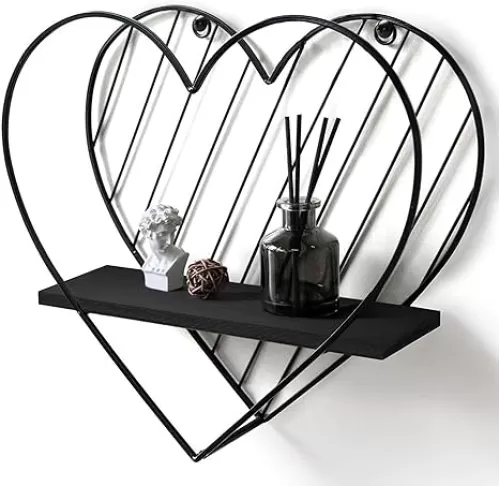 Afuly Floating Shelves - Black Wall Shelf, Heart Shaped Modern Minimalist Storage Rack Organizer for Bedroom, Bathroom, Living Room Home Decor