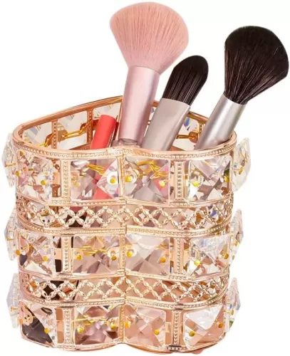 AKOAK 1 Pack Nordic Style Crystal Pen Holder Makeup Brush Eyebrow Pencil Storage Box, Heart shape Metal Living Room Bedroom Dressing Table Creative Decoration (Gold or Rose gold)