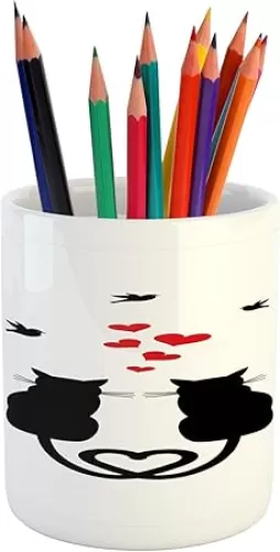 Ambesonne Love Pencil Pen Holder, Cats in Love with Heart Shaped Tails Birds Animal Silhouettes Valentines Theme, Printed Ceramic Pencil Pen Holder for Desk Office Accessory, Red Black White