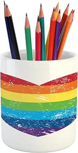 Ambesonne Vintage Rainbow Pencil Pen Holder, Heart Shape with LGBT Flag Design Gay Pride Themed Image with Retro Effect, Ceramic Pencil Holder for Desk Office Accessory, 3.6" X 3.2", White Red