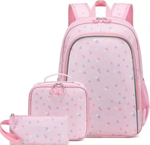 AO ALI VICTORY 3 Piece Backpack Set for Girls Boys, Kids 15.6" School Laptop Bag, Girl Bookbag Kindergarten Elementary Toddler Backpacks with Lunch Box Pencil Case for Teens Student, Cute Heart