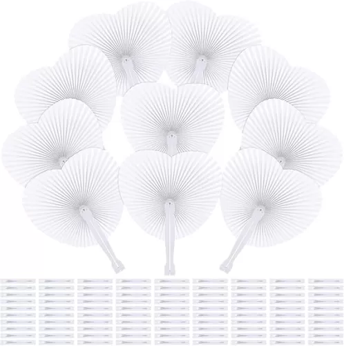 Aodaer 100 Pack Heart Shaped Folding Fans White Paper Fans Handheld Fans with Plastic Handles for Party, Wedding, Anniversary Decoration