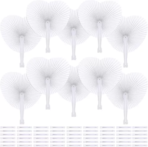 Aodaer 72 Pack Heart Shaped Folding Fans White Paper Fans Handheld Fans with Plastic Handles for Party, Wedding, Anniversary Decoration