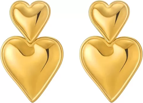 Apsvo Chunky Gold Heart Earrings for Women, Lightweight Drop Earrings Dangle Double Heart Earrings Gold Plated Earrings Fashion Trendy Jewelry
