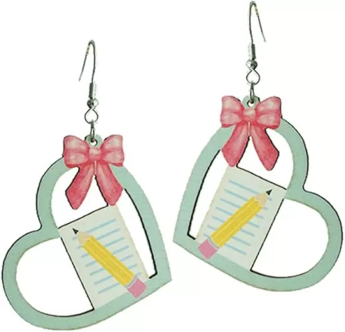 Back to School Gift Wooden Teacher Earrings/Lovely Heart Shape Bow Tie Wooden Earrings/With Book Apple Pencil Female Teacher Cute Earings for Teacher's Day Appreciation Day Gifts