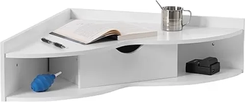 Basicwise White Heart Shaped Wall Mounted Office Table with Drawer and Two Shelves Computer Writing Corner Desk QI004024.WT