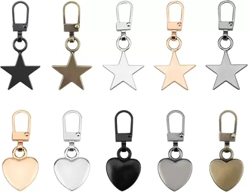 Bekecidi 10 PCS Zipper Pull Replacement, Detachable Zip Pulls Metal Zipper Gripper Zip Repair Pull Tab Zipper Pull Replacement Slider Kit for Coat Jacket Backpack Handbags (Star, Heart)